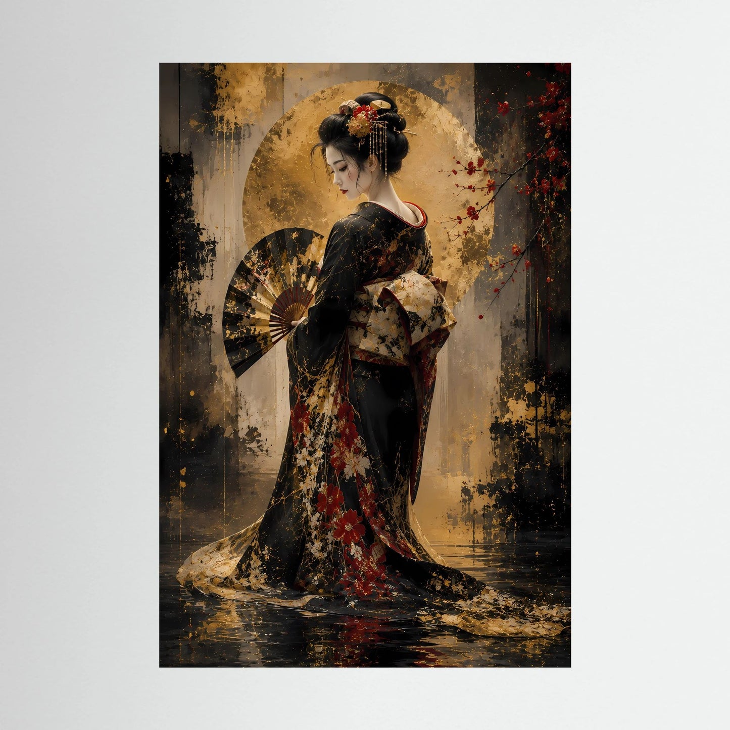 Poster im Hochformat mit Geisha-Frau im schwarzen Kimono mit Gold, roten Blumen und Fächer