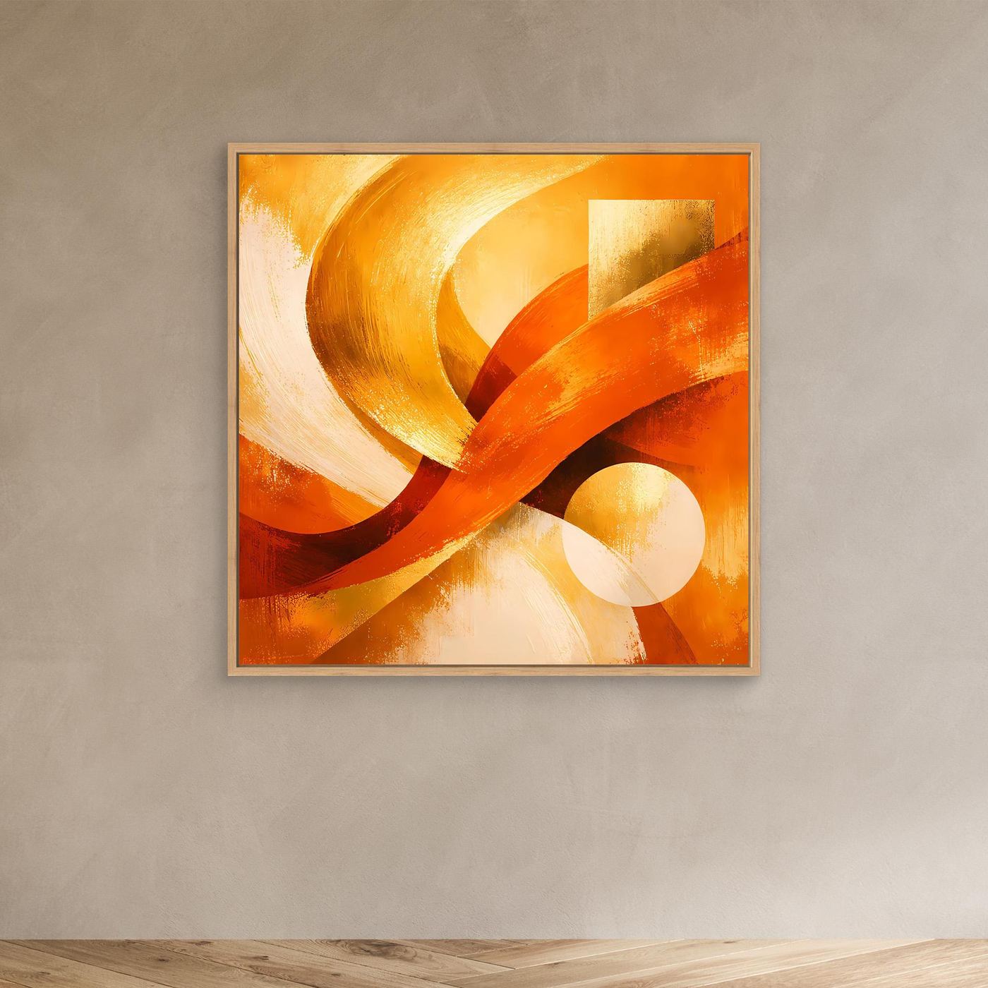 Wandhängendes Leinwandbild: orange und goldene, geschwungene Formen mit Kreisakzenten.
