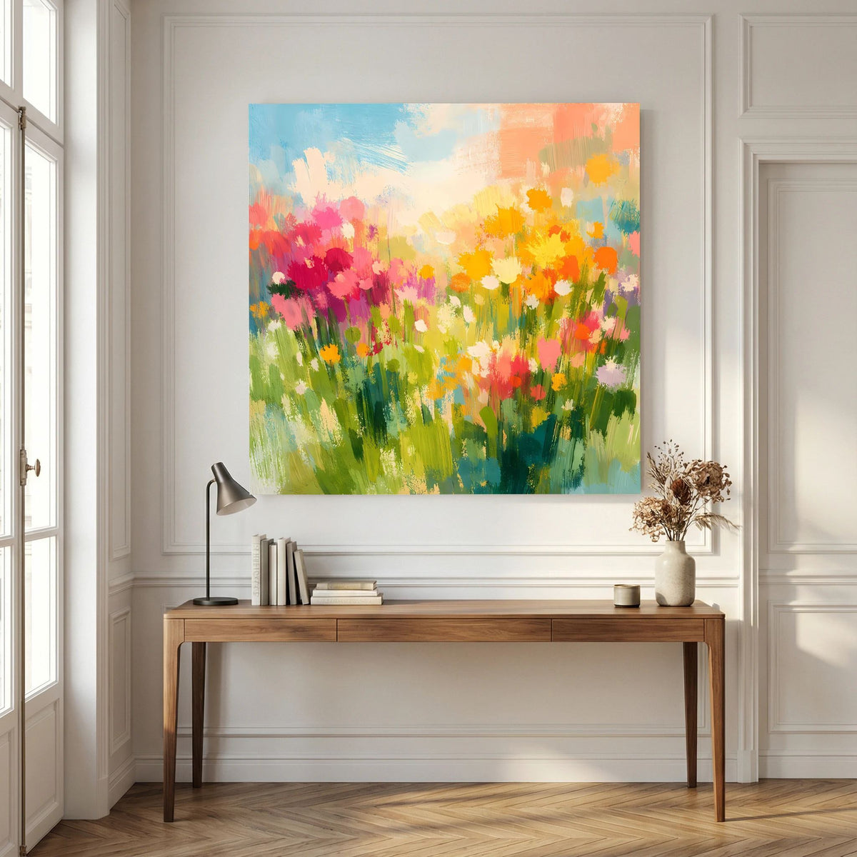 Quadratisches Leinwandbild mit farbiger Blumenwiese, abstrakte Wildblumen