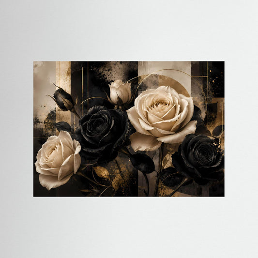 Blumenposter mit schwarzen, weißen und goldfarbenen Rosen, schwarzer Rahmen