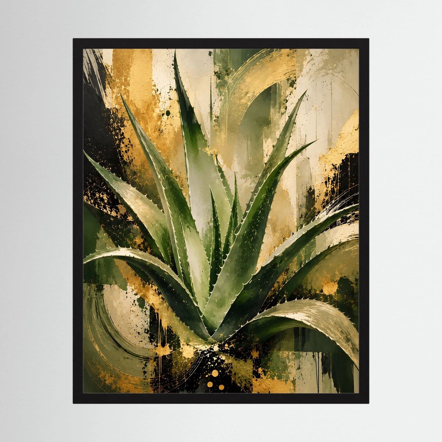 Abstraktes Aloe-Vera-Wandbild mit grünen Blättern und goldfarbenem Hintergrund im schwarzen Rahmen