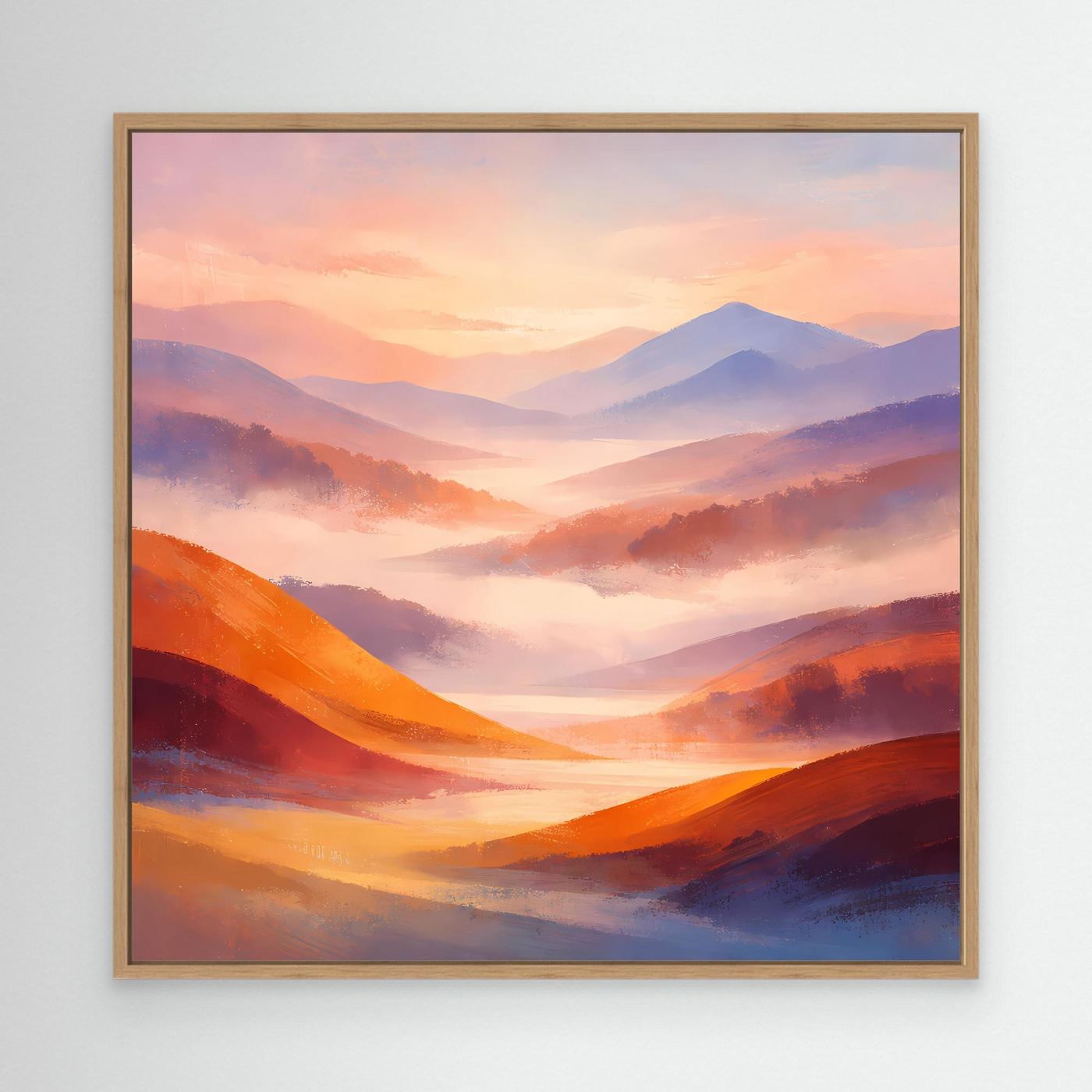 Leinwandbild Berglandschaft in Pastell mit orangefarbenen Hügeln und hellem Holzrahmen