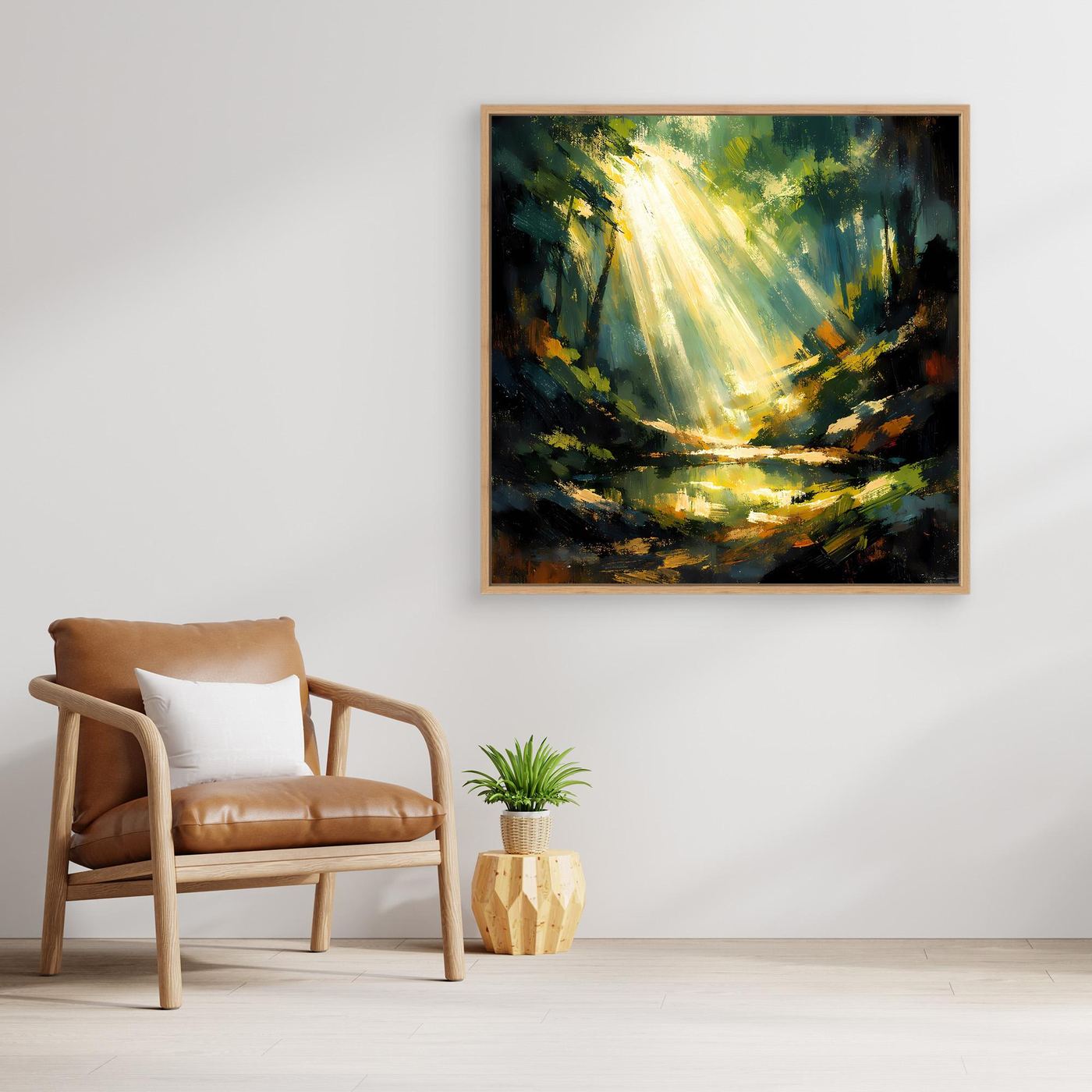Leinwand-Wandbild: abstrakter Wald mit goldenen Lichtstrahlen über dem Teich, goldener Rahmen
