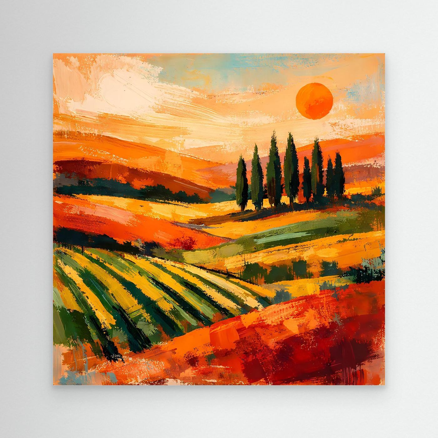 Leinwand-Wandbild mit toskanischer Hügellandschaft, Zypressen und orangefarbenem Sonnenuntergang
