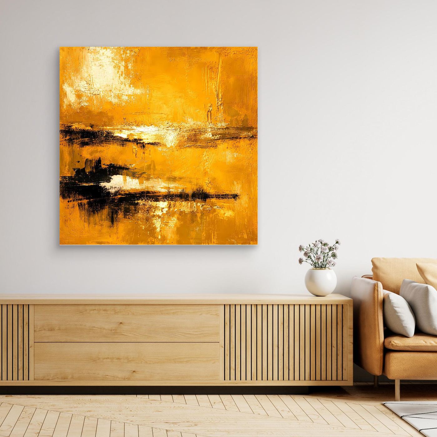 Leinwand Abstrakte Goldlandschaft am See | Modernes Elegantes Horizont Wandbild