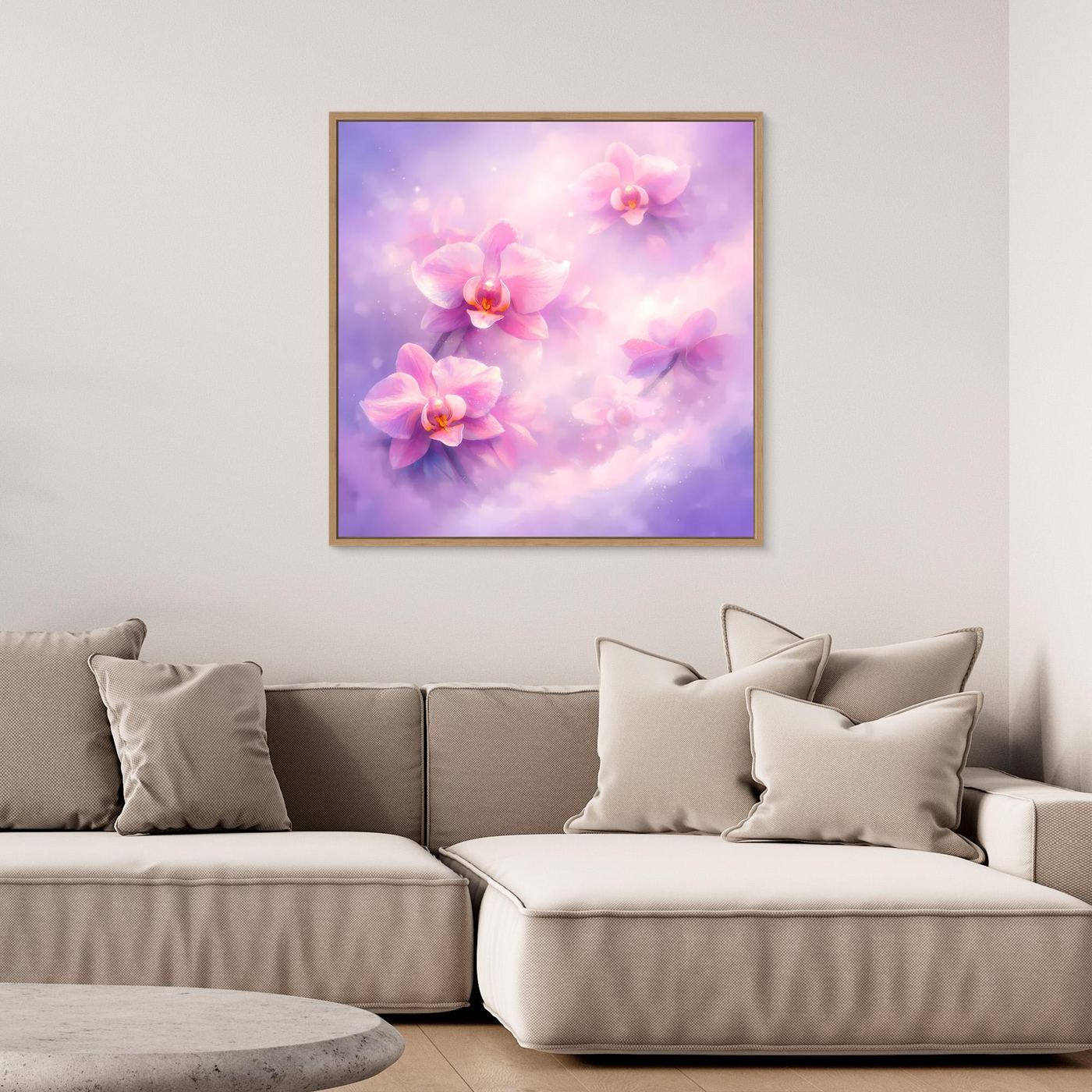 Leinwandbild mit pastellfarbenen Orchideen, lila-pinkem Motiv, mit braunem Rahmen.