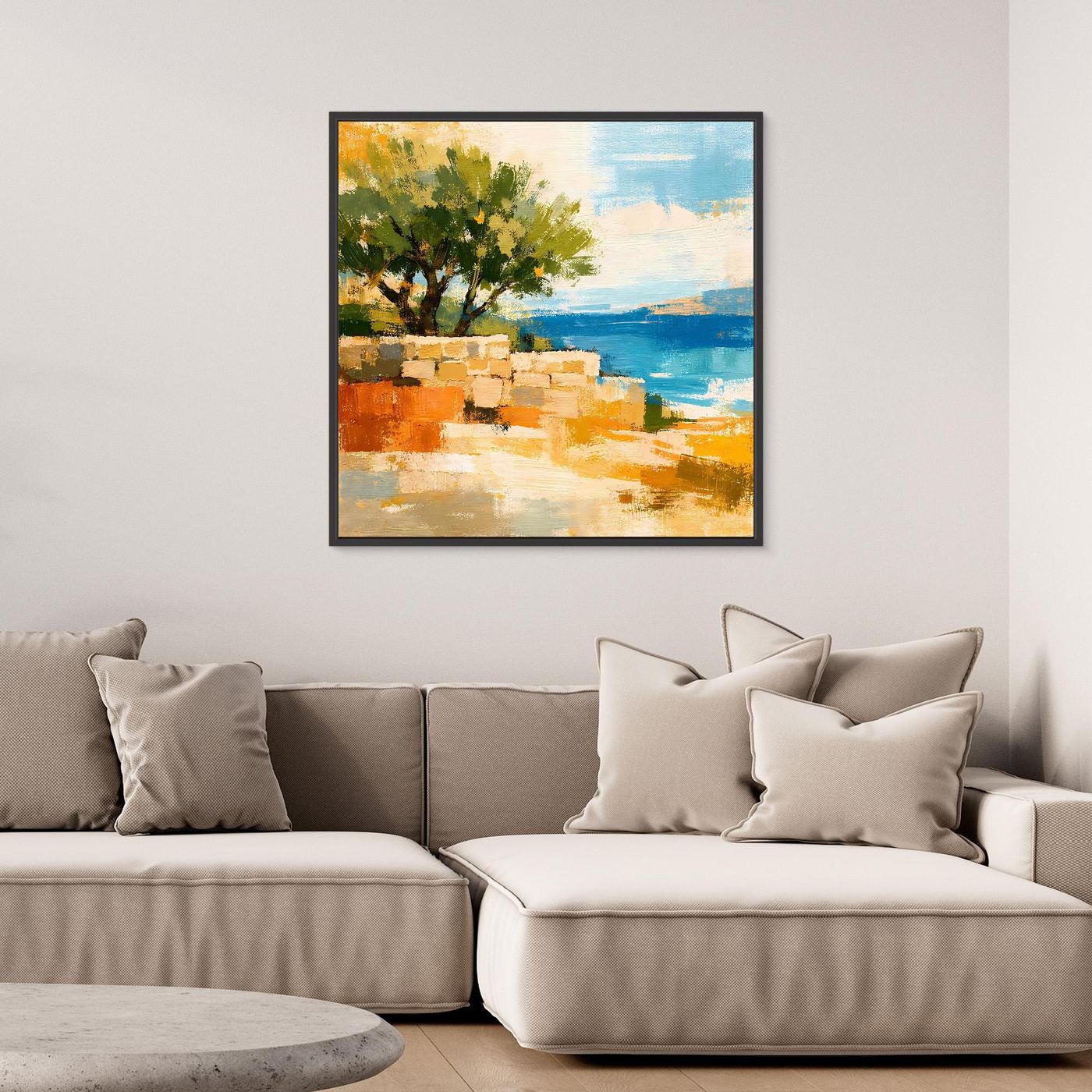 Leinwand Olivenbaum an der Mittelmeerküste | Abstraktes Natur Strand Wandbild