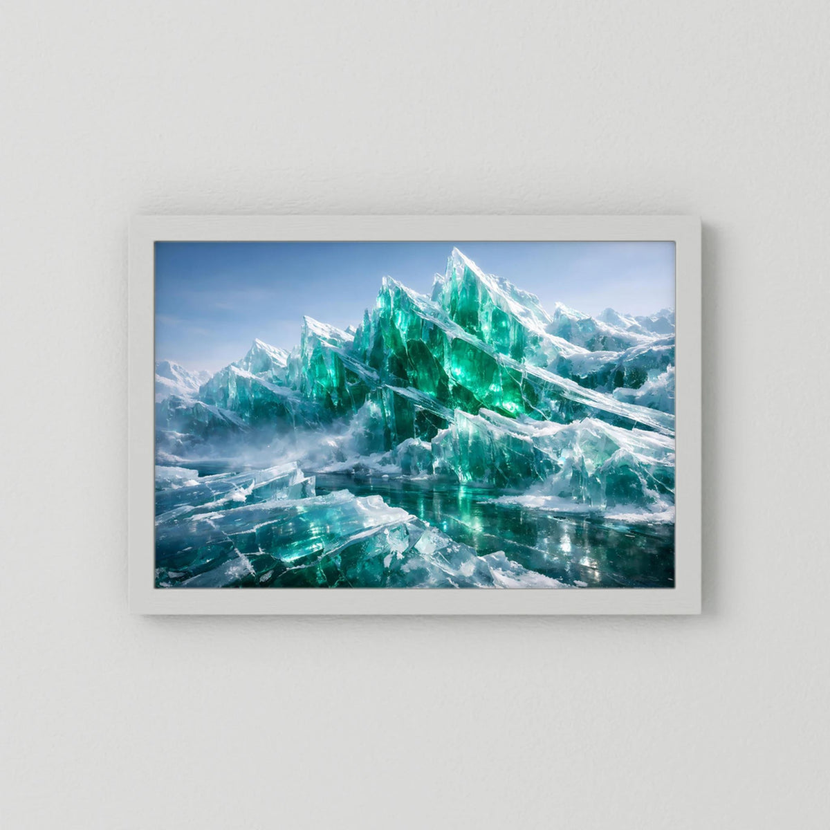 Wandbild mit smaragdgrünen Eisbergen im weißen Rahmen, Querformat