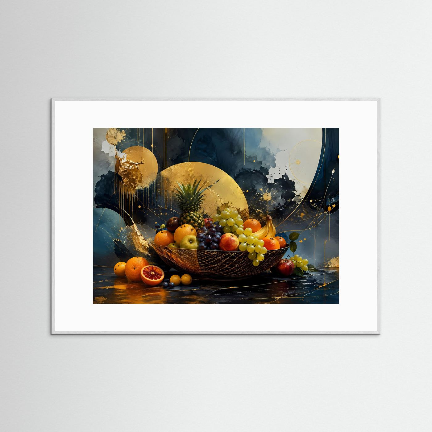 Obstschale Poster | Modernes Stillleben Wandbild | Abstrakte Küchenkunst | Gold Schwarz Leinwand | Luxus Fine Art Print