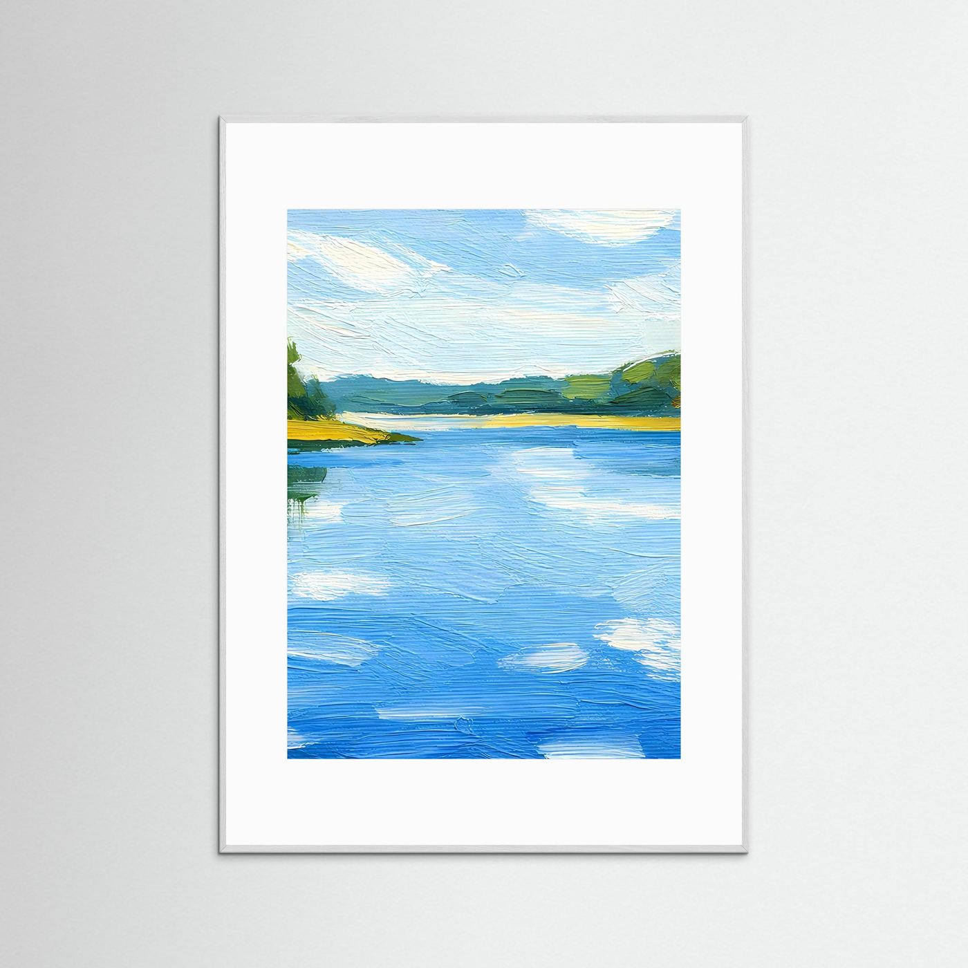 Wandbild mit Landschaftsmotiv in Blau- und Grüntönen, im weißen Passepartout und Rahmen