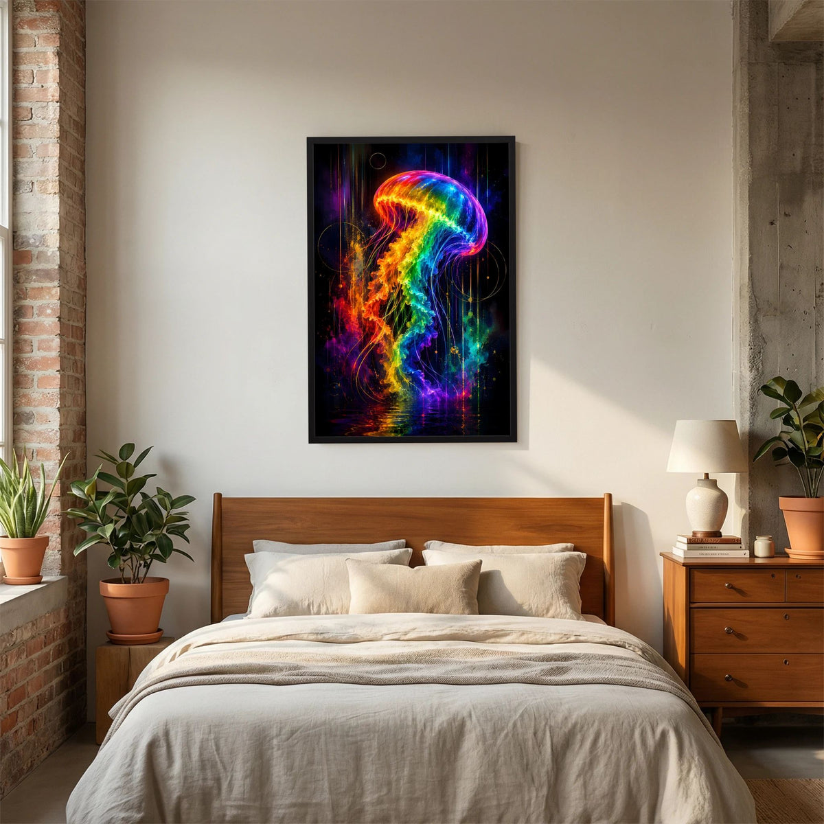 Neon-Quallenposter im schwarzen Rahmen mit Regenbogenquappe und Lichtschleier