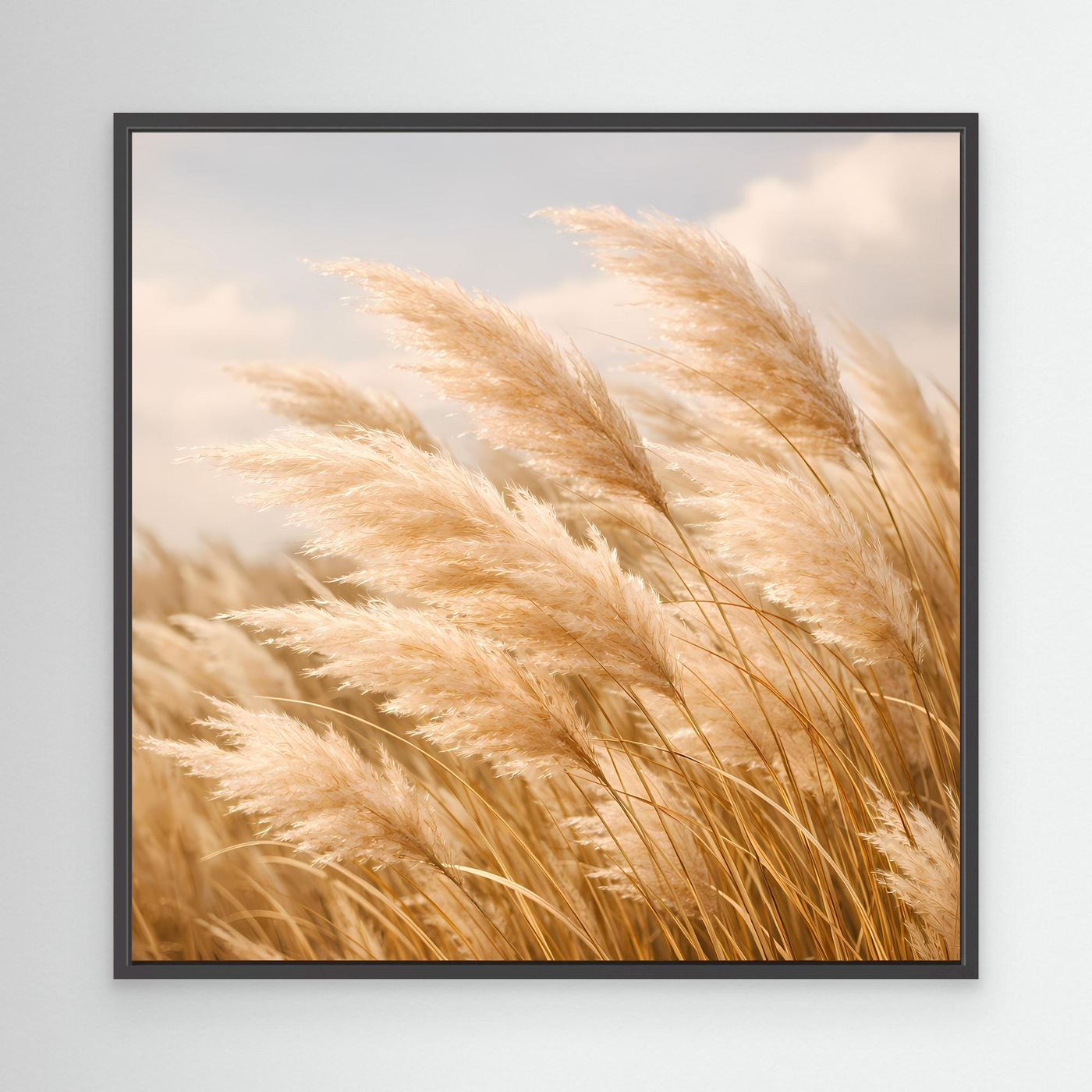 Leinwandbild mit Pampasgraswedeln in hellem Beige, quadratisch, schwarzer Rahmen