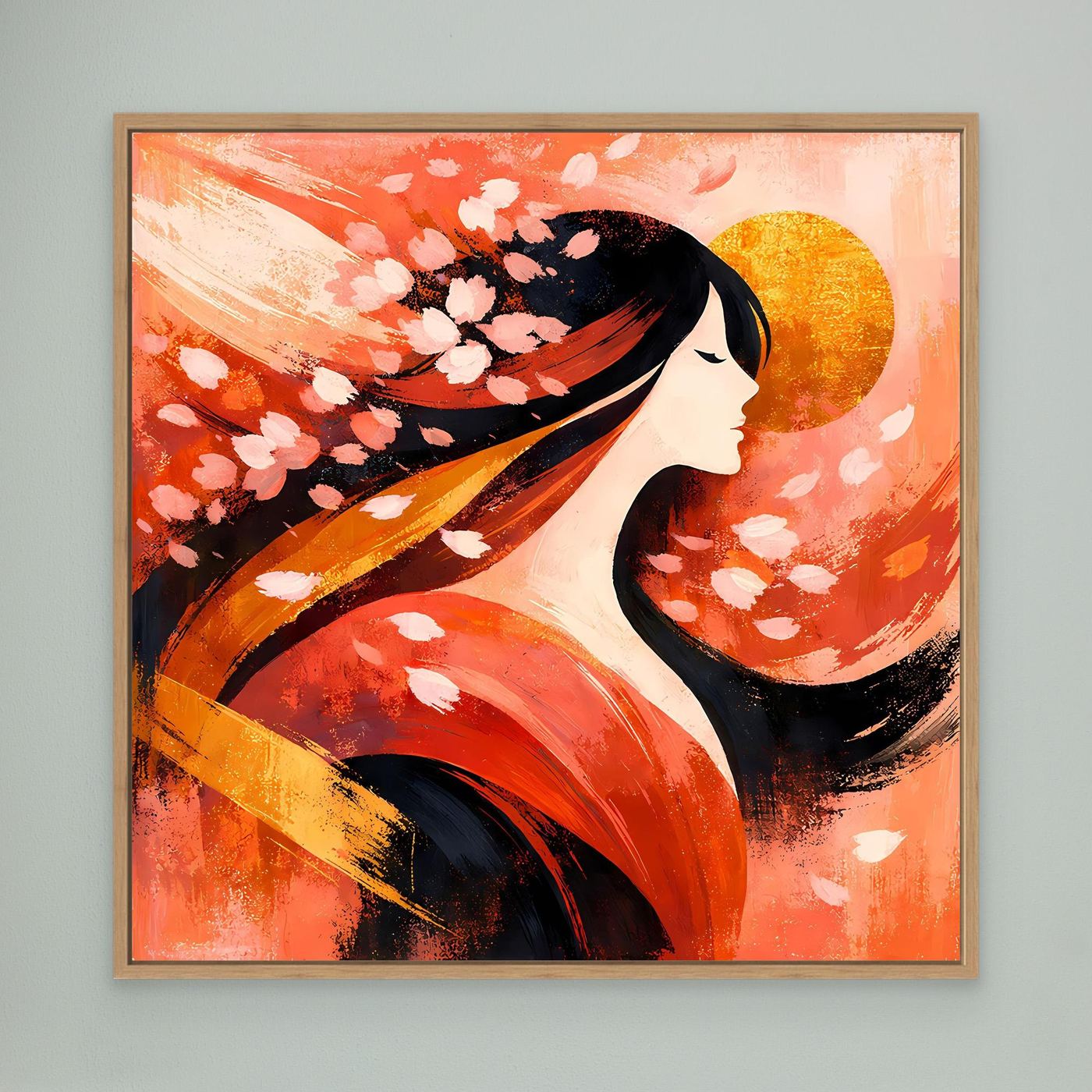 Leinwandbild mit hellem Holzrahmen: Geisha-Profil, Kirschblüten und goldene Sonne in Rottönen