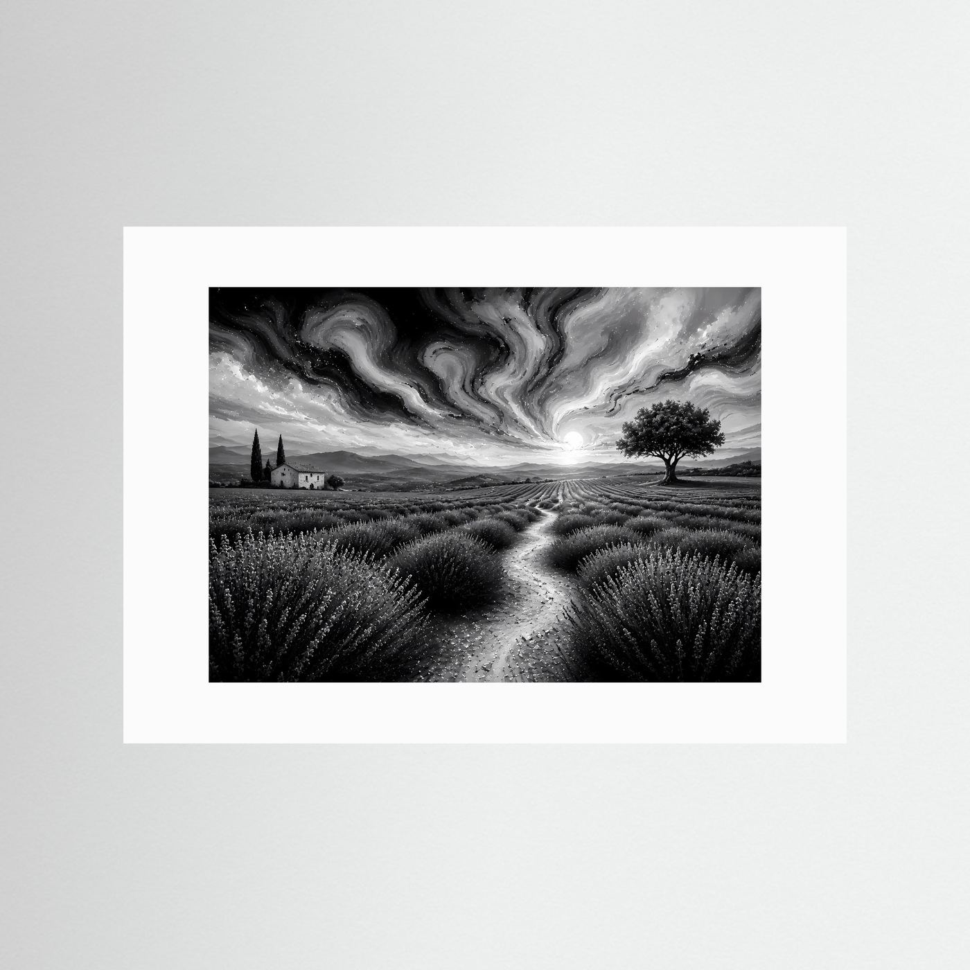Lavendelfeld in Schwarz-Weiß | Abstrakte Landschaft mit dramatischem Himmel