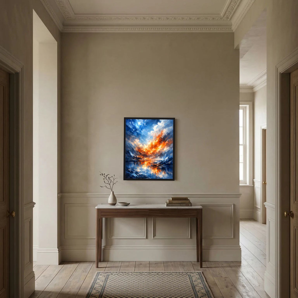 Gerahmtes abstraktes Poster: blau-orange Komposition mit Feuerzentrum und Reflexion