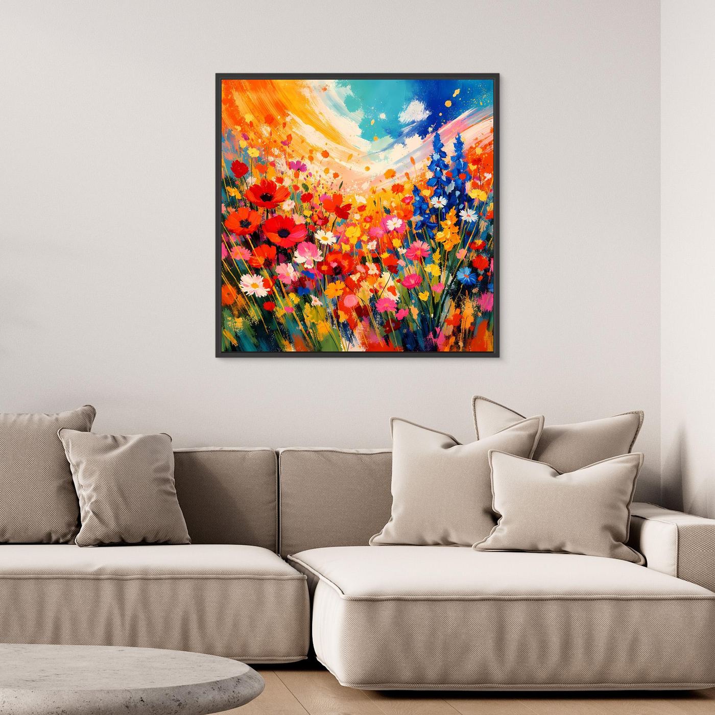 Leinwandbild bunte Blumenwiese mit abstrakten Blumen, schwarzer Rahmen