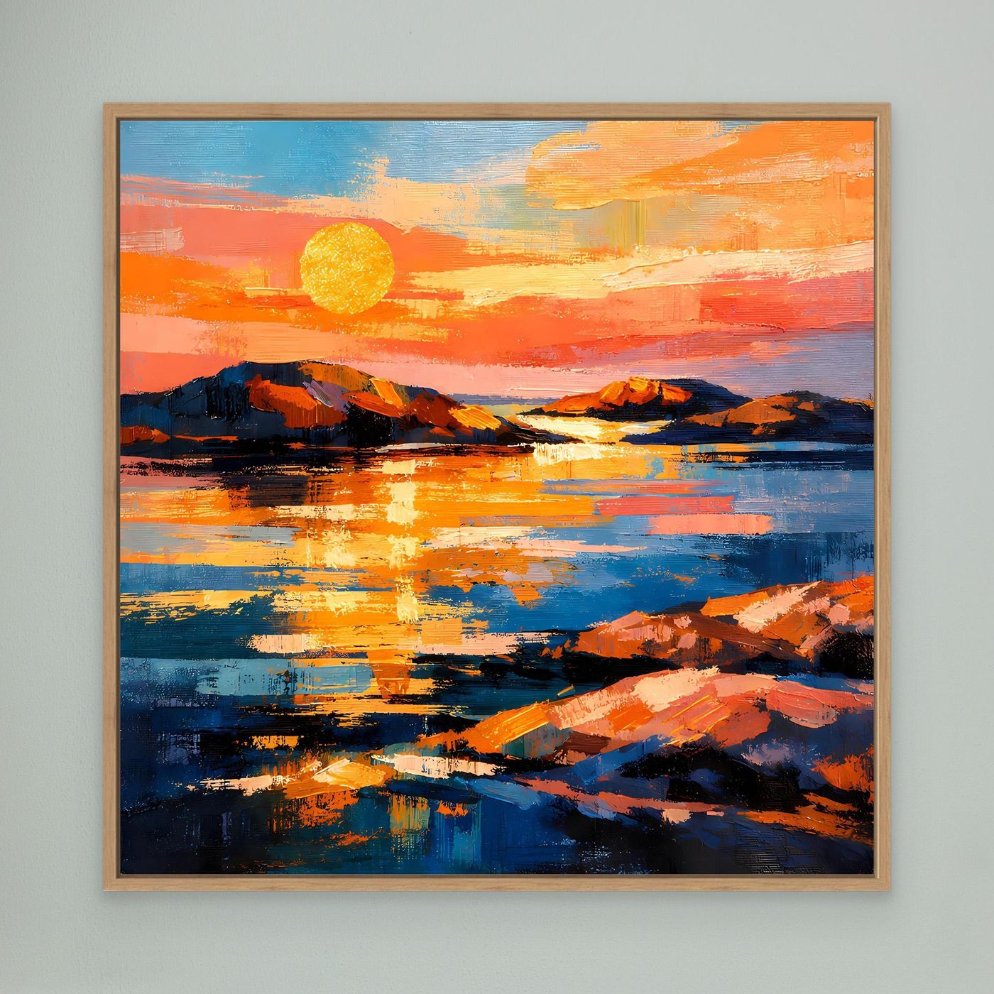 Abstraktes Leinwandbild mit Sonnenuntergang über dem Meer, Holzrahmen in Eiche