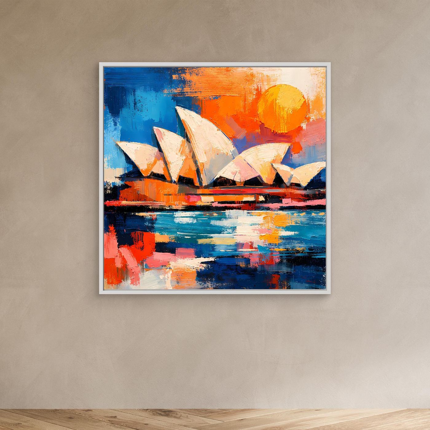 Abstract Sydney Opera House wall art canvas in white frame with blue water and orange sun