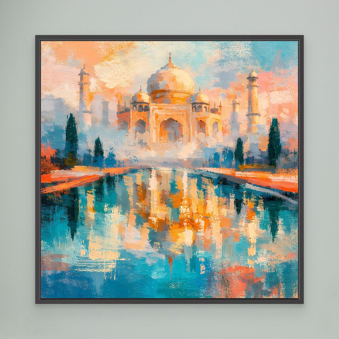Wandbild mit abstraktem Taj Mahal und Spiegelung im Wasser, schwarz gerahmt