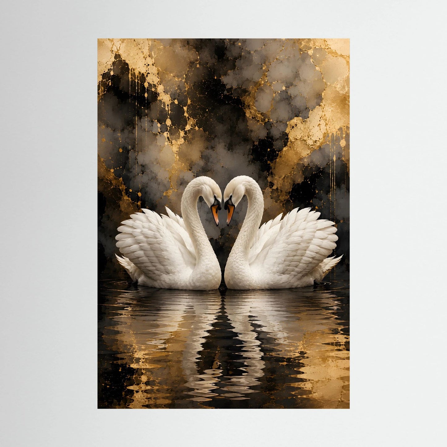 Kunstposter (Hochformat) mit zwei weißen Schwänen auf Wasser, goldene Akzente