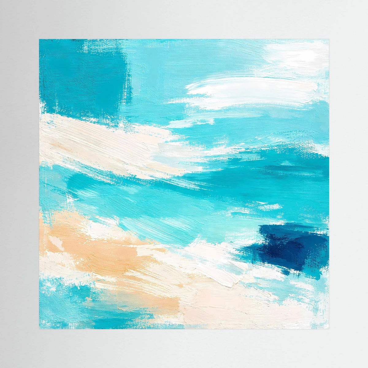 Quadratisches Leinwand-Wandbild mit abstrakten Meereswellen in Türkis, Blau und Beige.