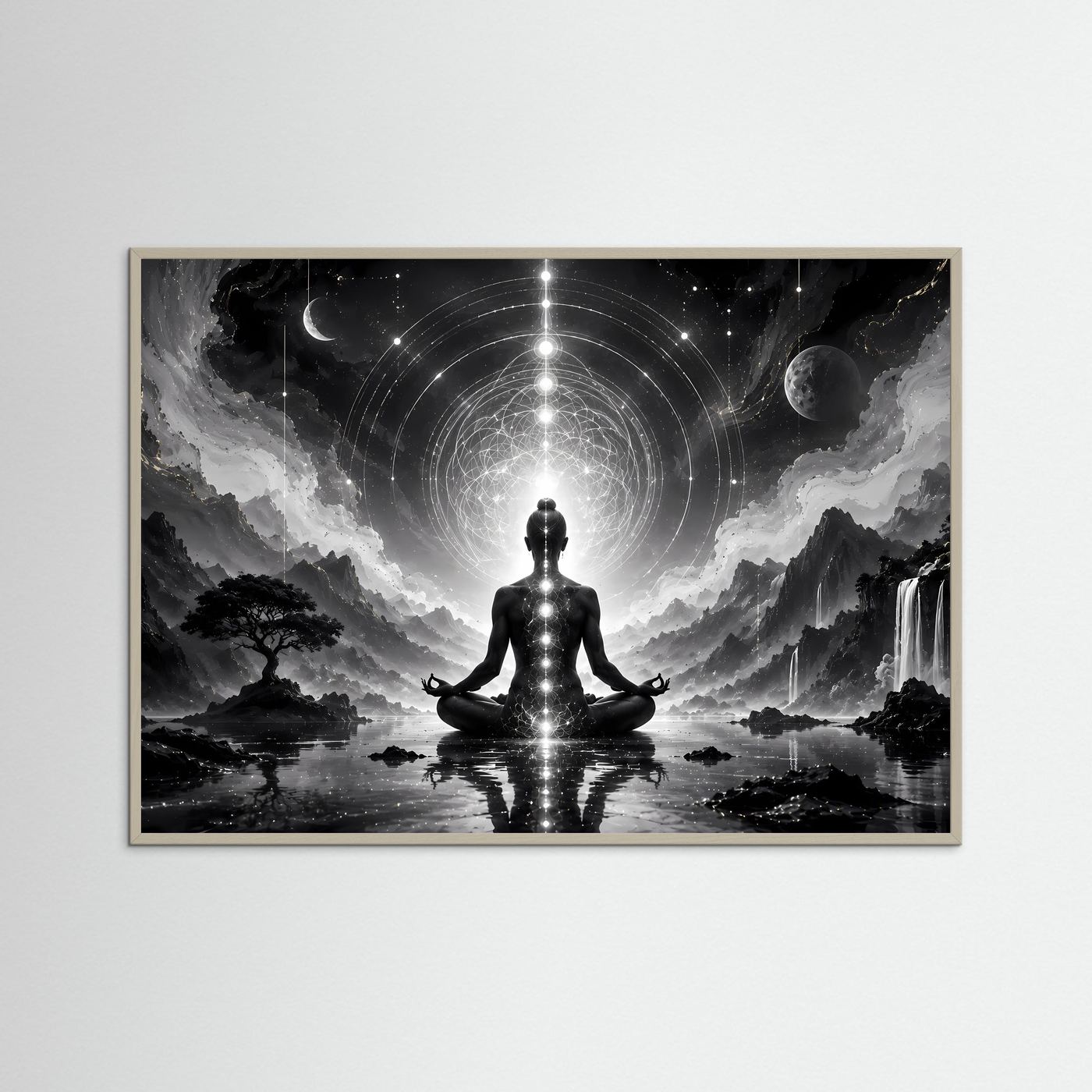 Meditation Schwarz Weiß | Spirituelles Wandbild mit Chakren & Heiliger Geometrie