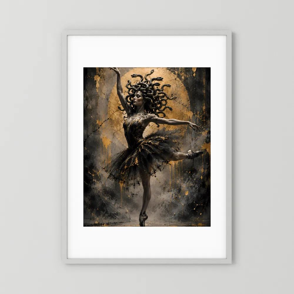 Hochformat-Poster mit weißem Rahmen und Rand: tanzende Ballerina mit Schlangenhaaren