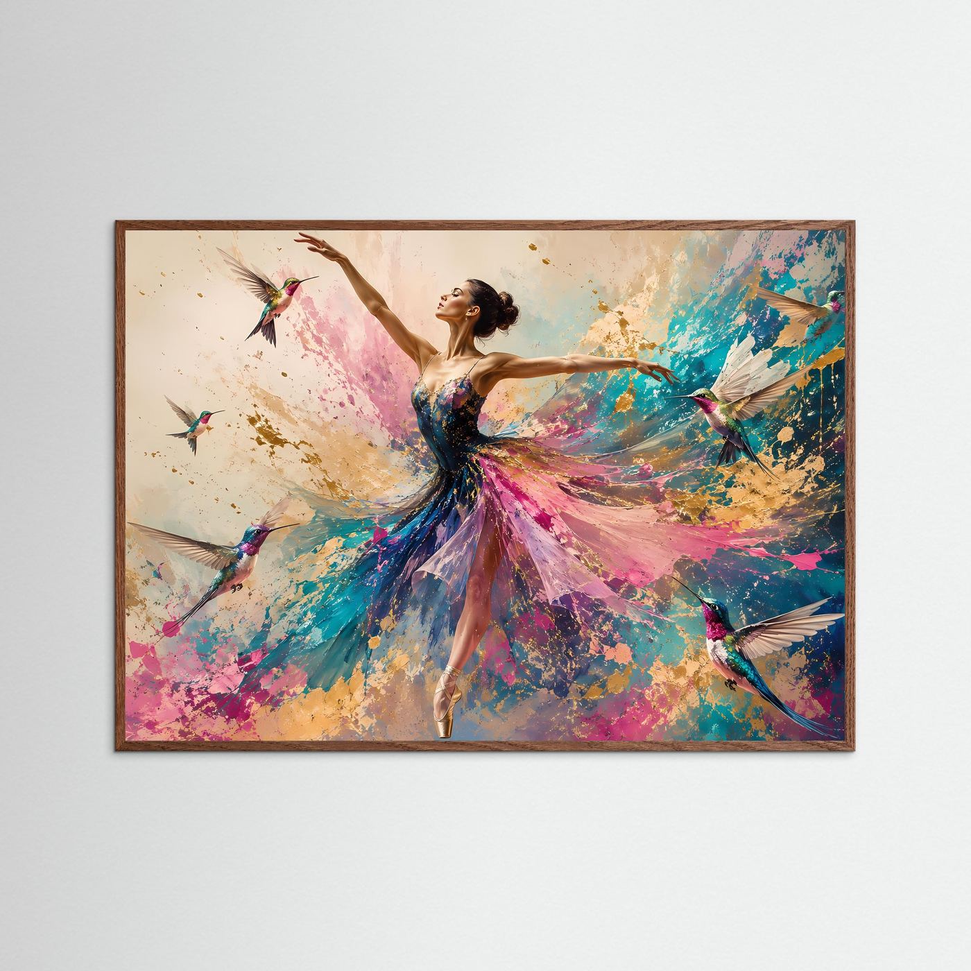 Ballerina mit Kolibris Poster | Elegante Tanzkunst Wandbild | Abstrakte Ballett Kunst | Farbenfroher Fine Art Print | Modernes Wandbild