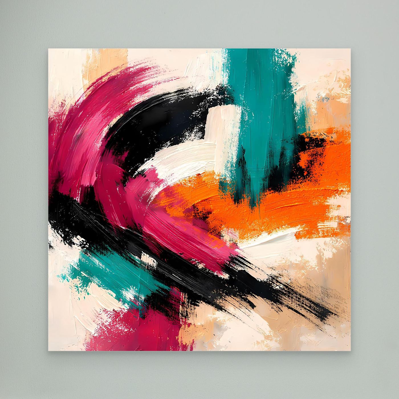 Abstraktes Wandbild auf Leinwand mit breiten Pinselstrichen in Pink, Türkis, Orange und Schwarz.