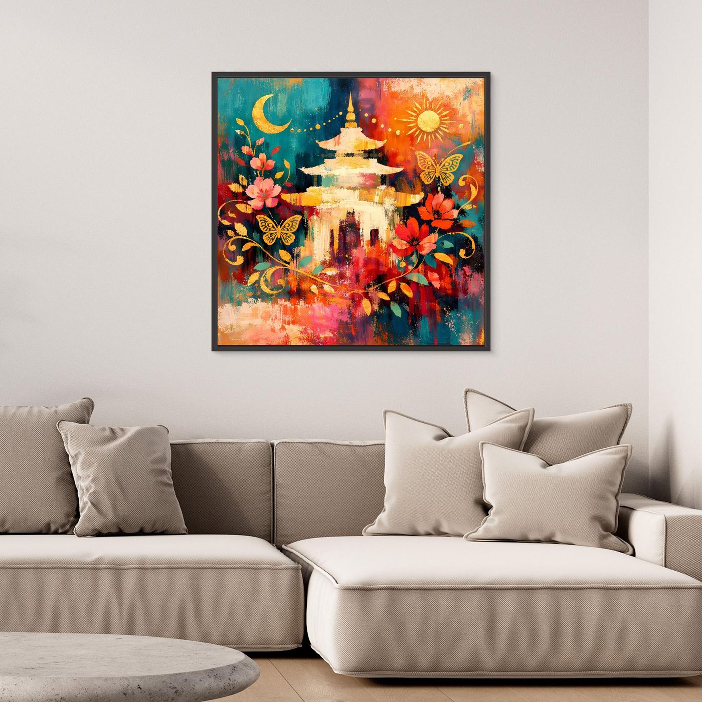 Gerahmtes Leinwandbild: goldene Pagode mit Sonne, Mond und blühenden Ranken