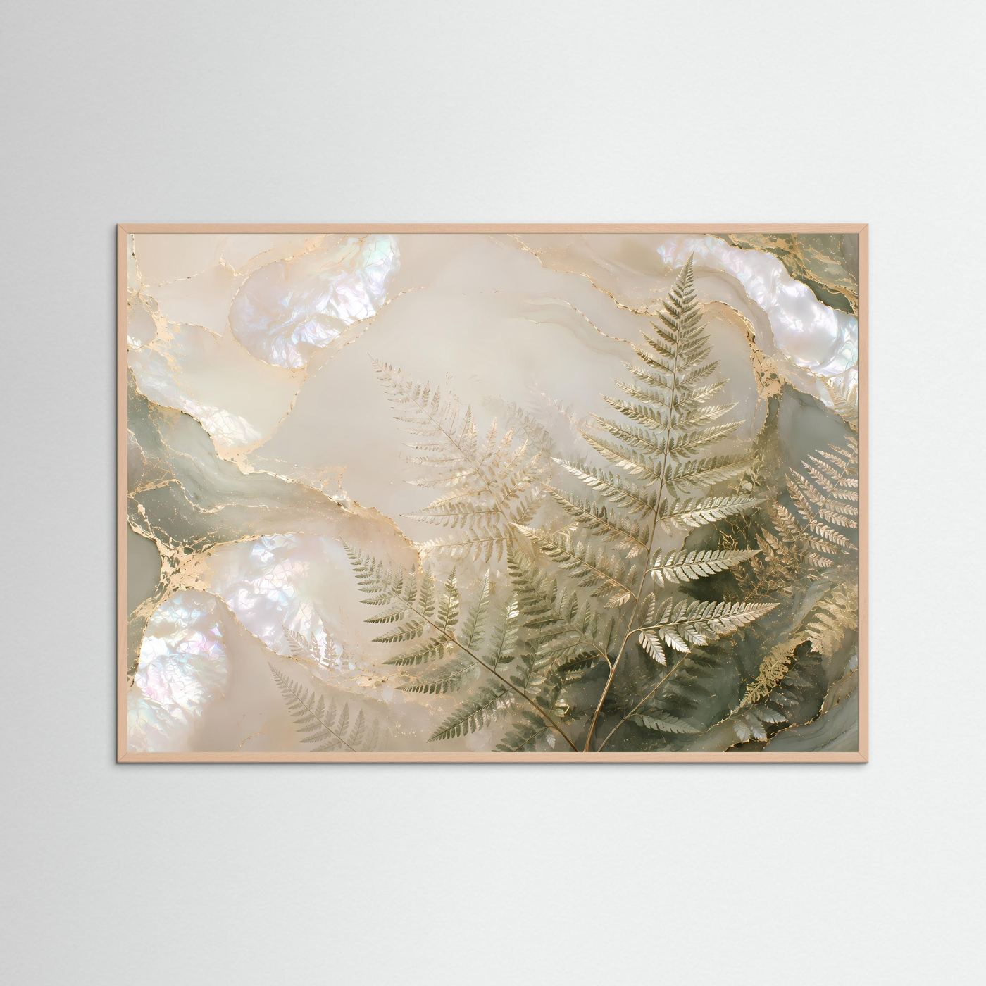 Poster im Querformat mit Perlmutt-Farnmotiv in Gold, im rosafarbenen Holzrahmen