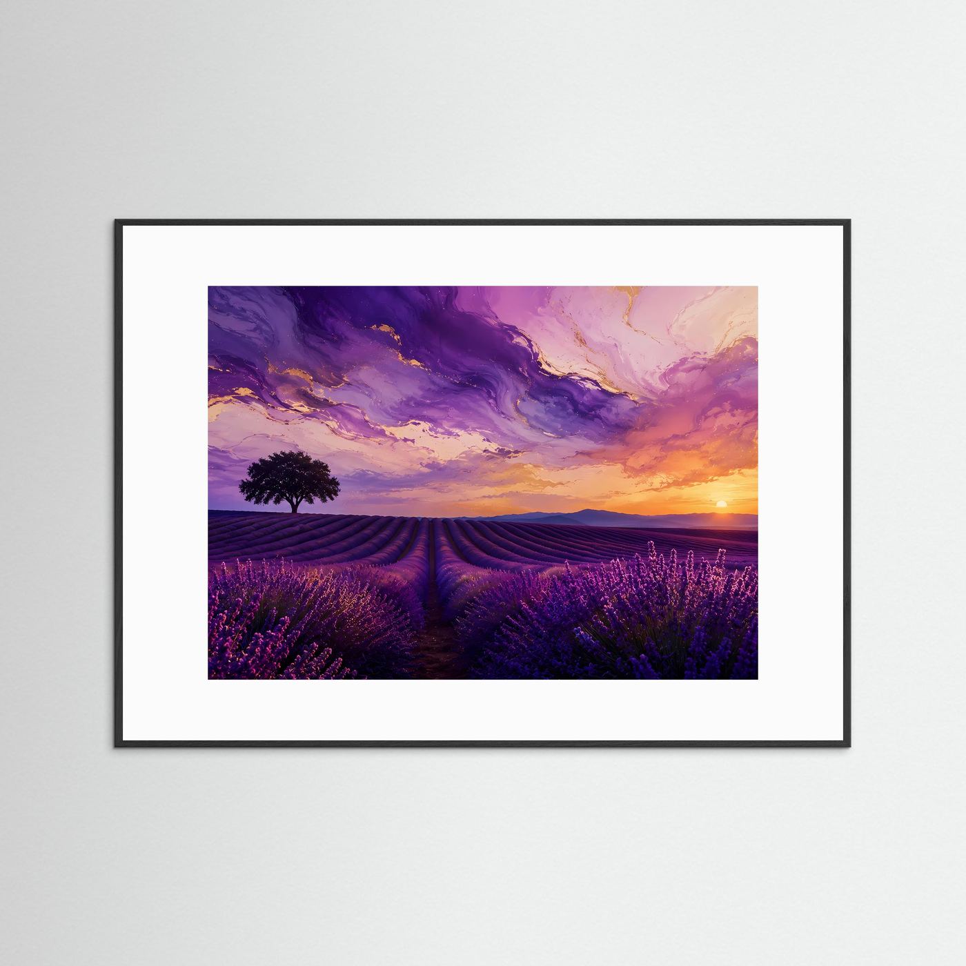 Lavendelfeld Sonnenuntergang Poster Querformat | Provence Landschaft Wandbild | Modernes Lavendel Naturbild in Lila