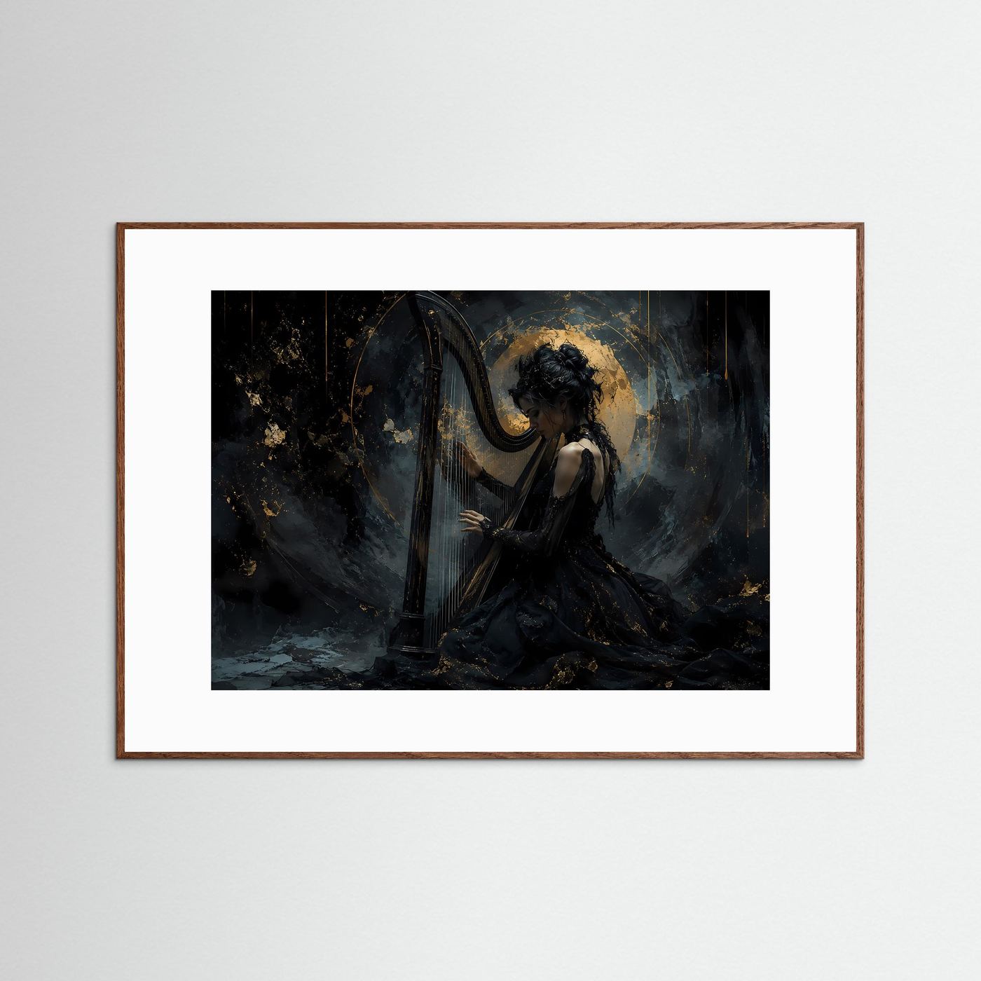 Elegante Harfenistin in Schwarz & Gold | Musik & Fantasy-Wandbild