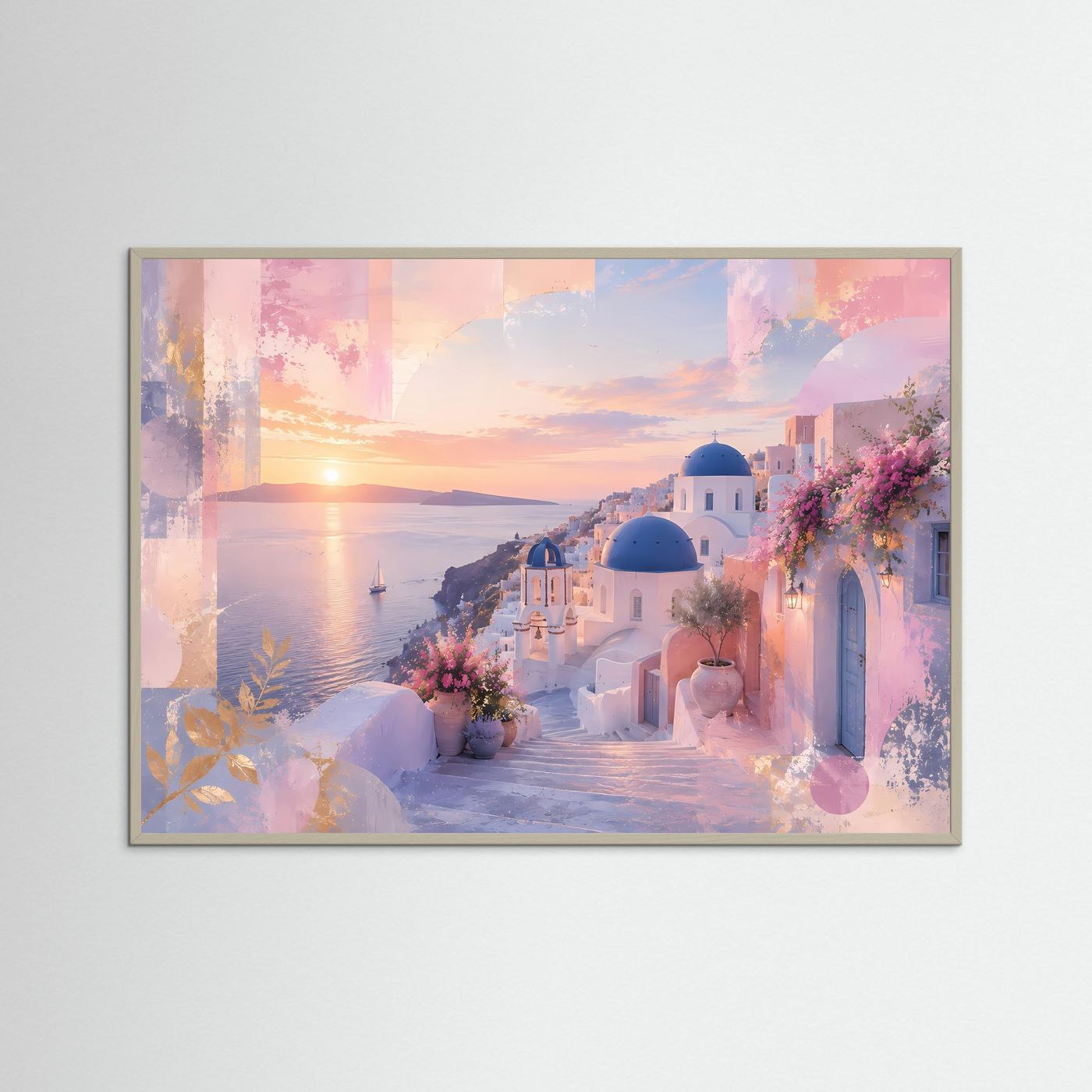 Santorini Poster | Pastell Griechenland Wandbild | Mediterrane Küstenlandschaft | Abstrakte Architektur Kunst | Sonnenuntergang Leinwand