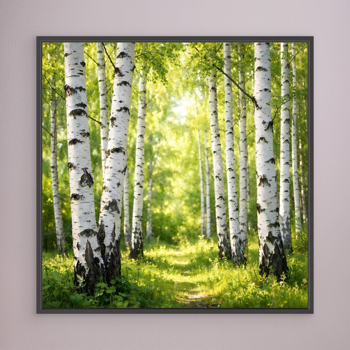 Leinwandbild Birkenwald mit Sonnenlicht, dunkler Rahmen