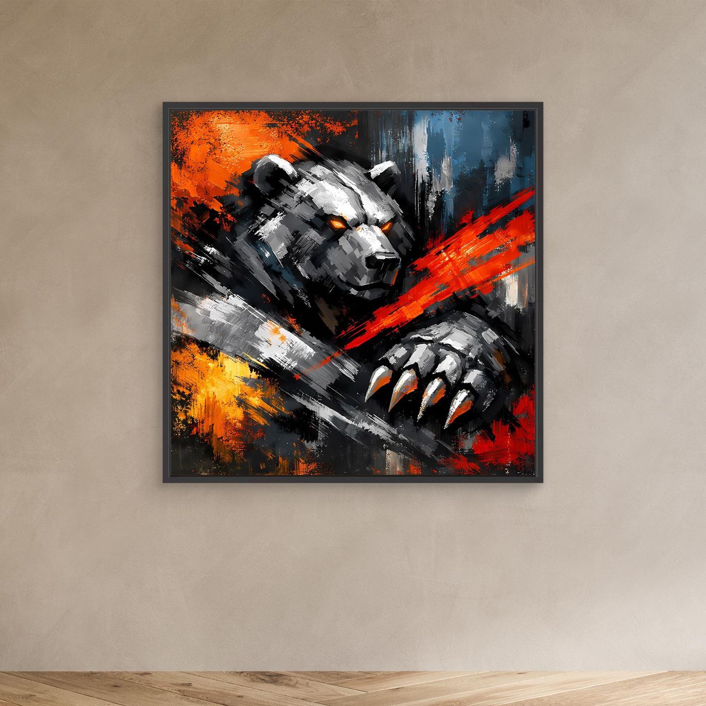 Kleines Wandbild Leinwand mit schwarzem Rahmen: Kampfbär-Design mit Krallen, Neonrot
