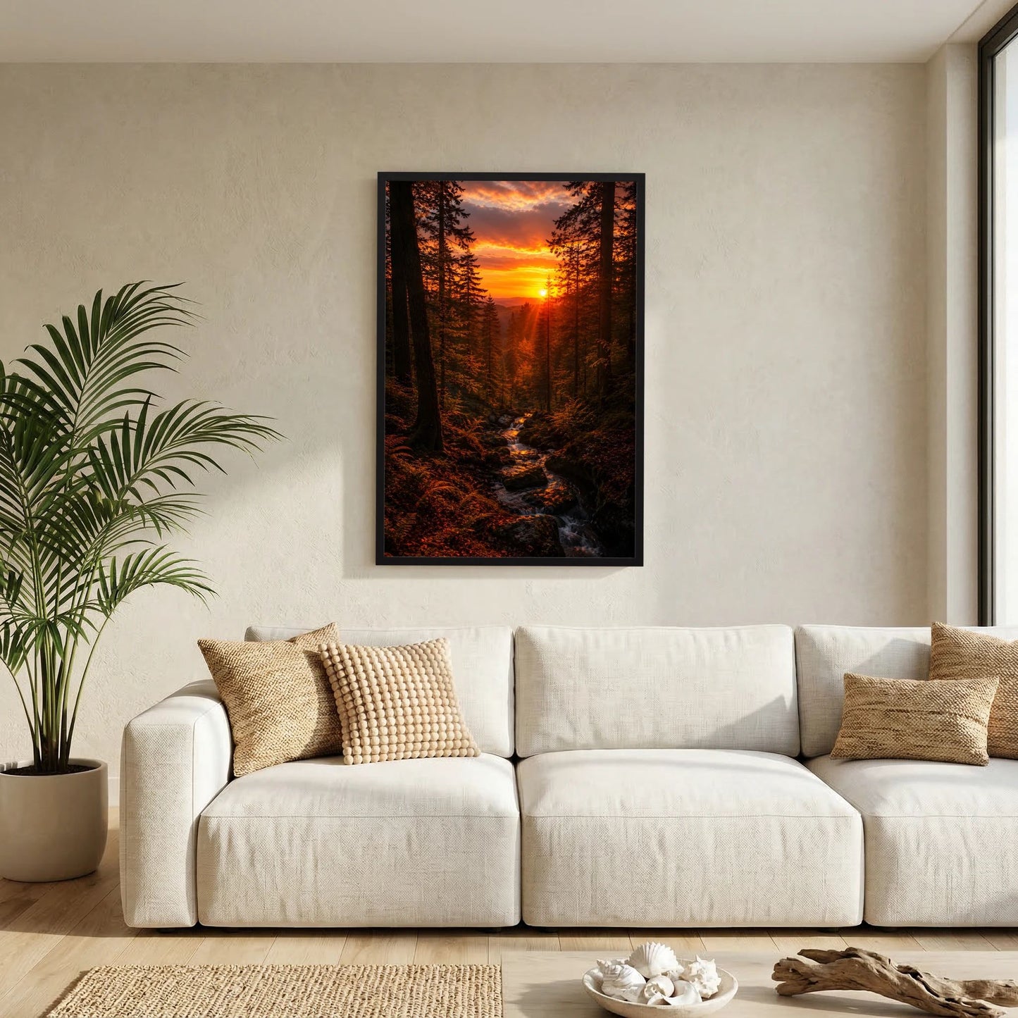 Wand-Poster im Hochformat: Waldbach zwischen Bäumen, Sonnenuntergang, schwarz gerahmt