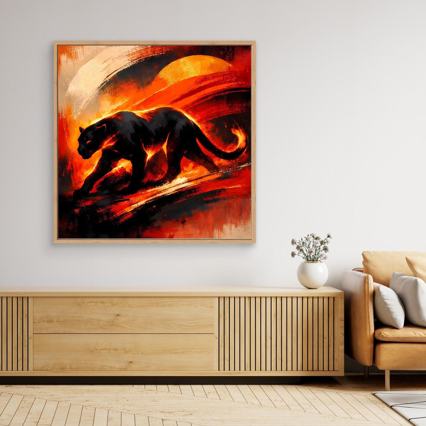 Leinwandbild: schwarze Panther-Silhouette in Feuerrot mit orange-gelben Akzenten, heller Rahmen