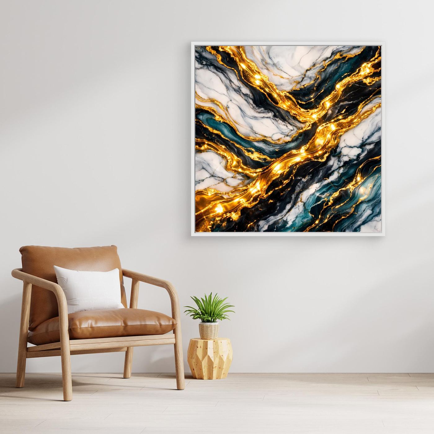 Gerahmtes Leinwandbild mit Goldmarmor-Optik, leuchtende goldene Streifen auf Blau und Weiß