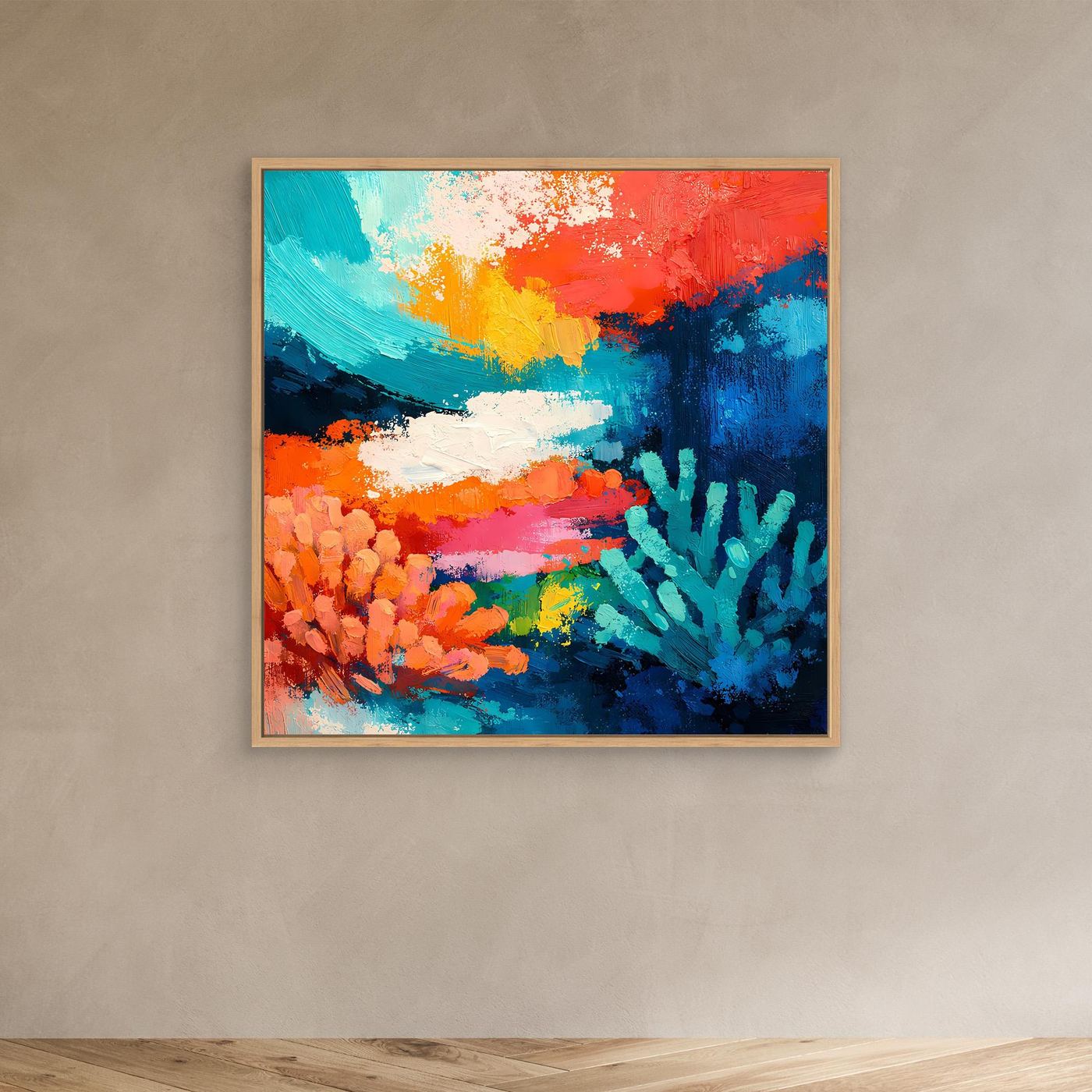 Abstraktes Leinwand-Wandbild: Unterwasser-Korallenriff mit braunem Holzrahmen.