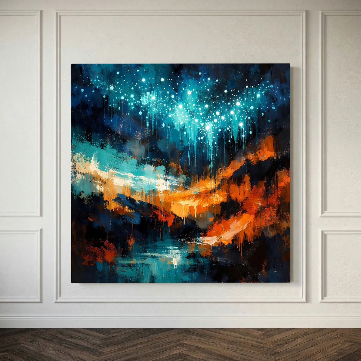 Leinwandbild mit türkis leuchtendem Himmel, orangefarbenem Bogen und dunklem Wasser