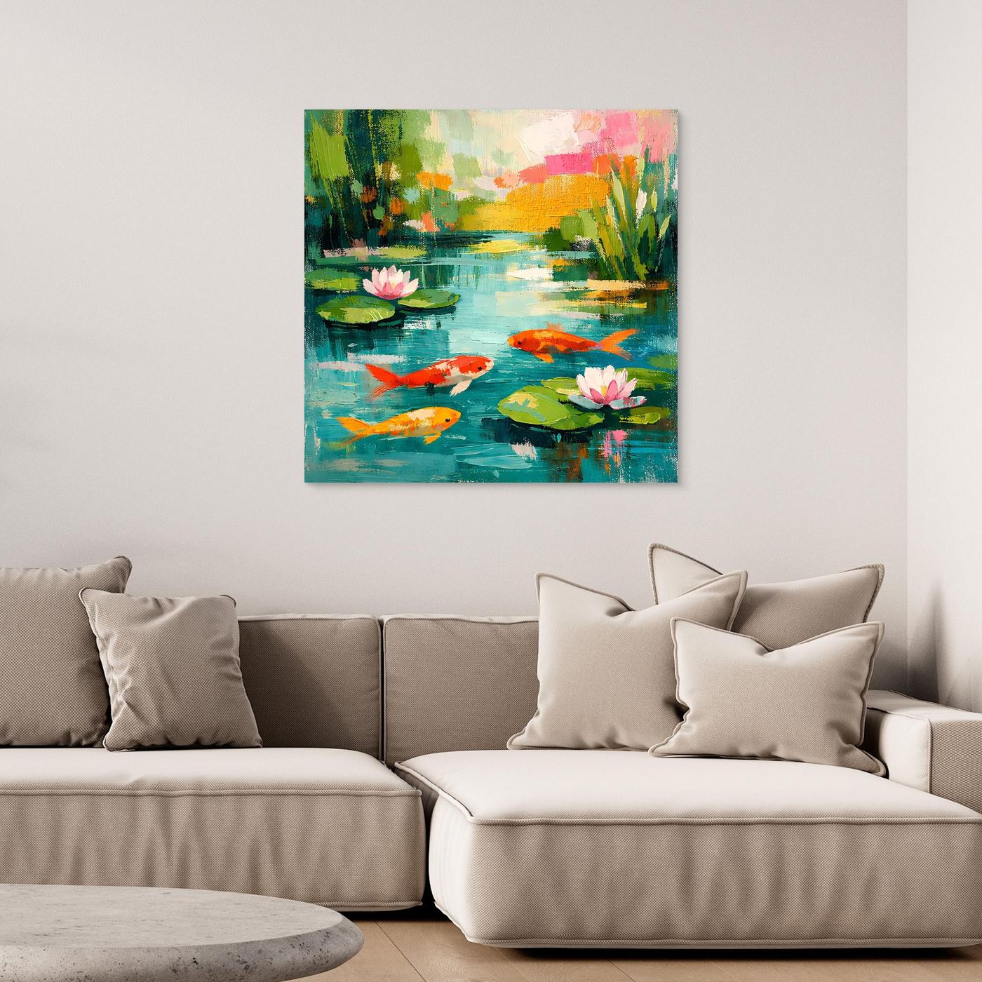 Abstract koi pond wall art with lily pads, pink water lilies, and orange koi fish