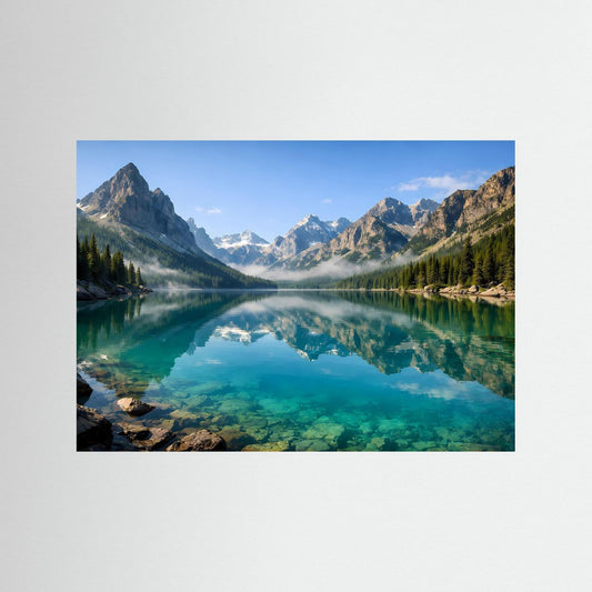Wandbild Panorama mit Bergsee und Alpen, türkisfarbenes Wasser, Querformat, blau umrandet
