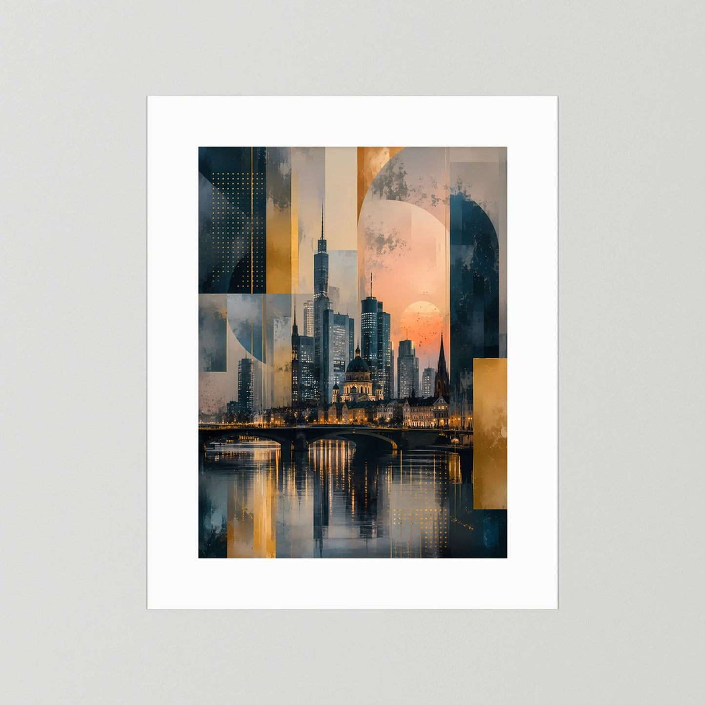 Poster (Hochformat) mit abstrakter Skyline am Fluss, Gold- und Petroltöne, weißer Rand