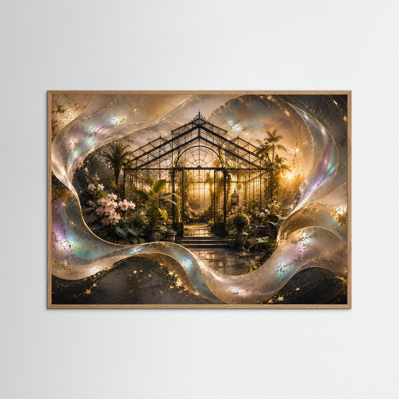 Gerahmtes Querformat-Poster mit Gewächshaus und Blumen, naturfarbener Eichenrahmen, gold