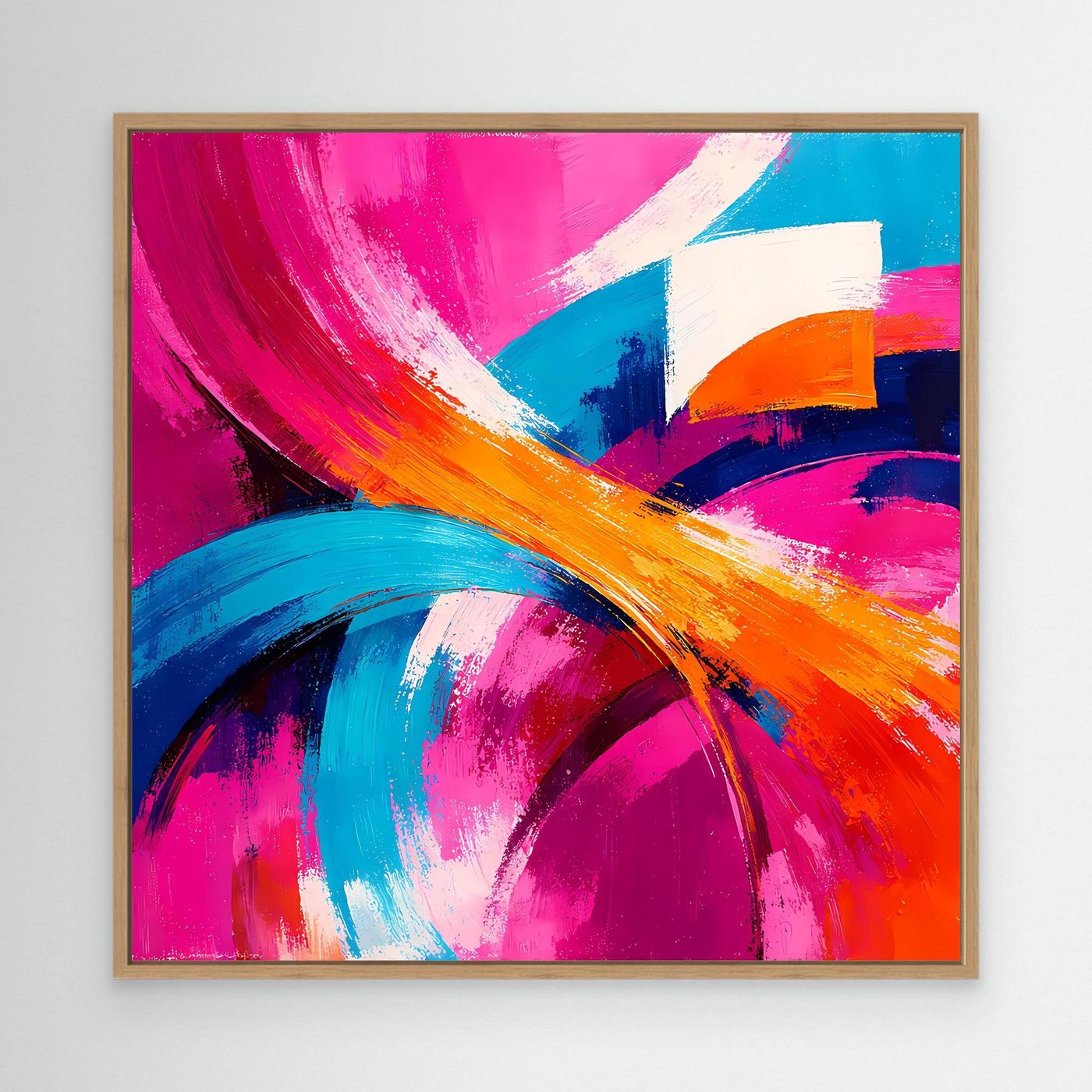 Leinwand-Abstraktbild mit Pinselstrichen in Pink, Blau und Orange, Eichenholzrahmen.