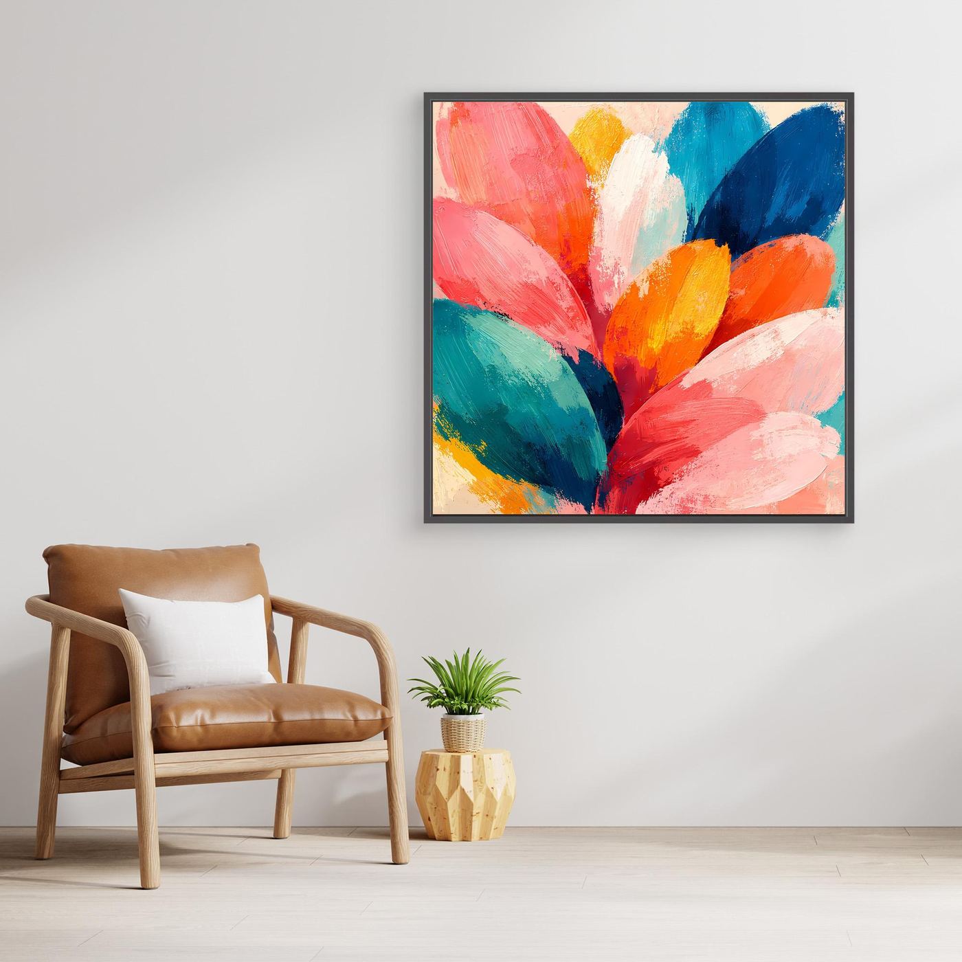 Blumen-Wandbild mit abstraktem Blütenmotiv, farbige Pinselstriche im schwarzem Rahmen.