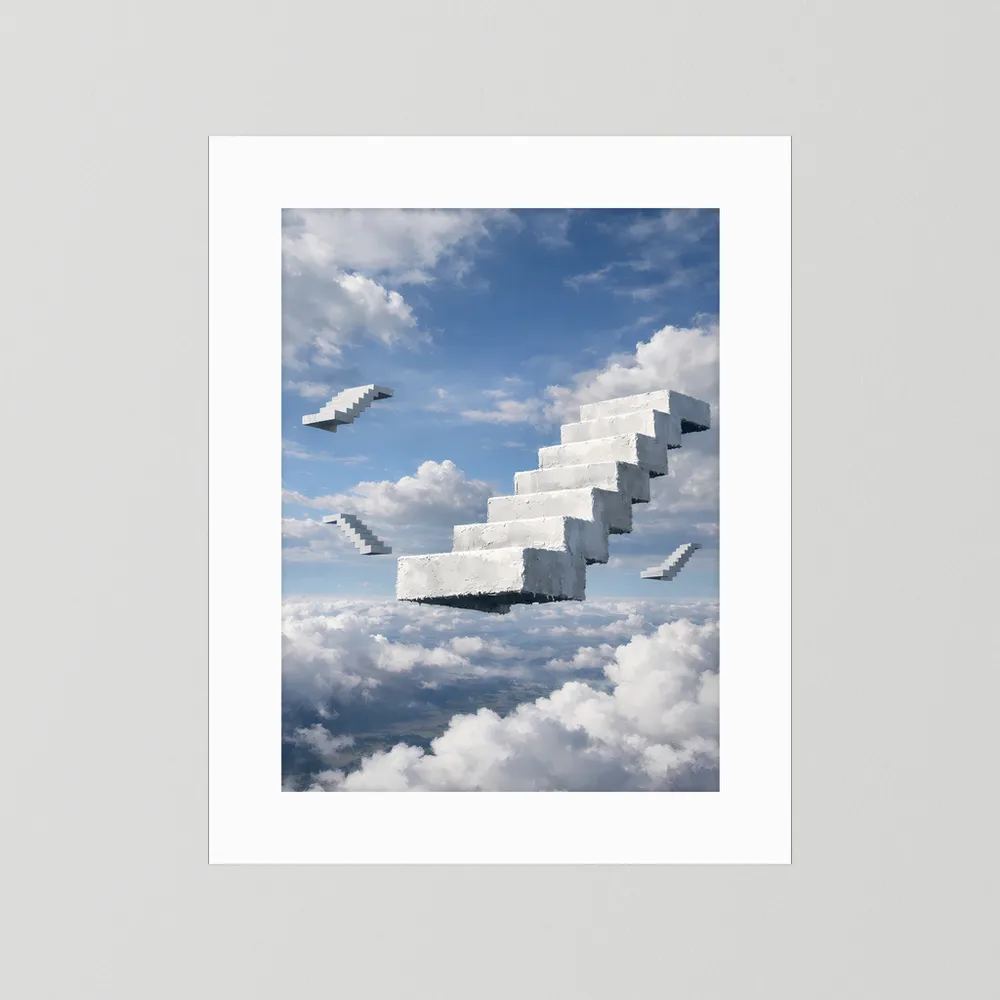 Hochformatiges Poster mit schwebender Treppe über Wolken, ohne Rahmen