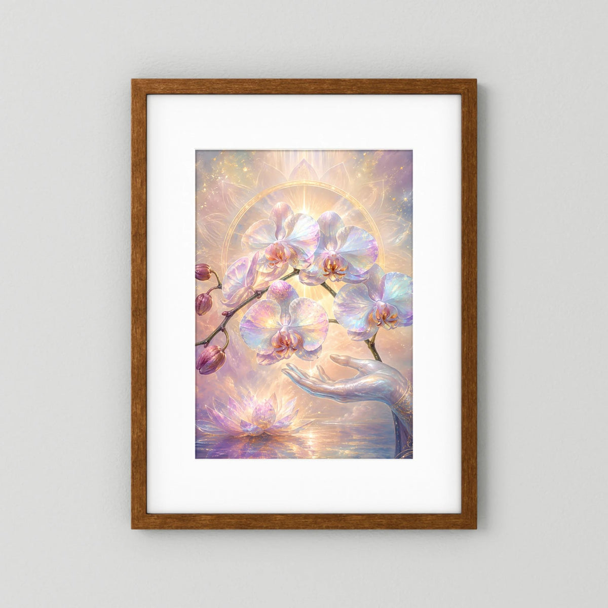 Hochformatiges Kunstposter mit Orchideen- und Lotusmotiv, Perlmutt-Pastell, brauner Holzrahmen