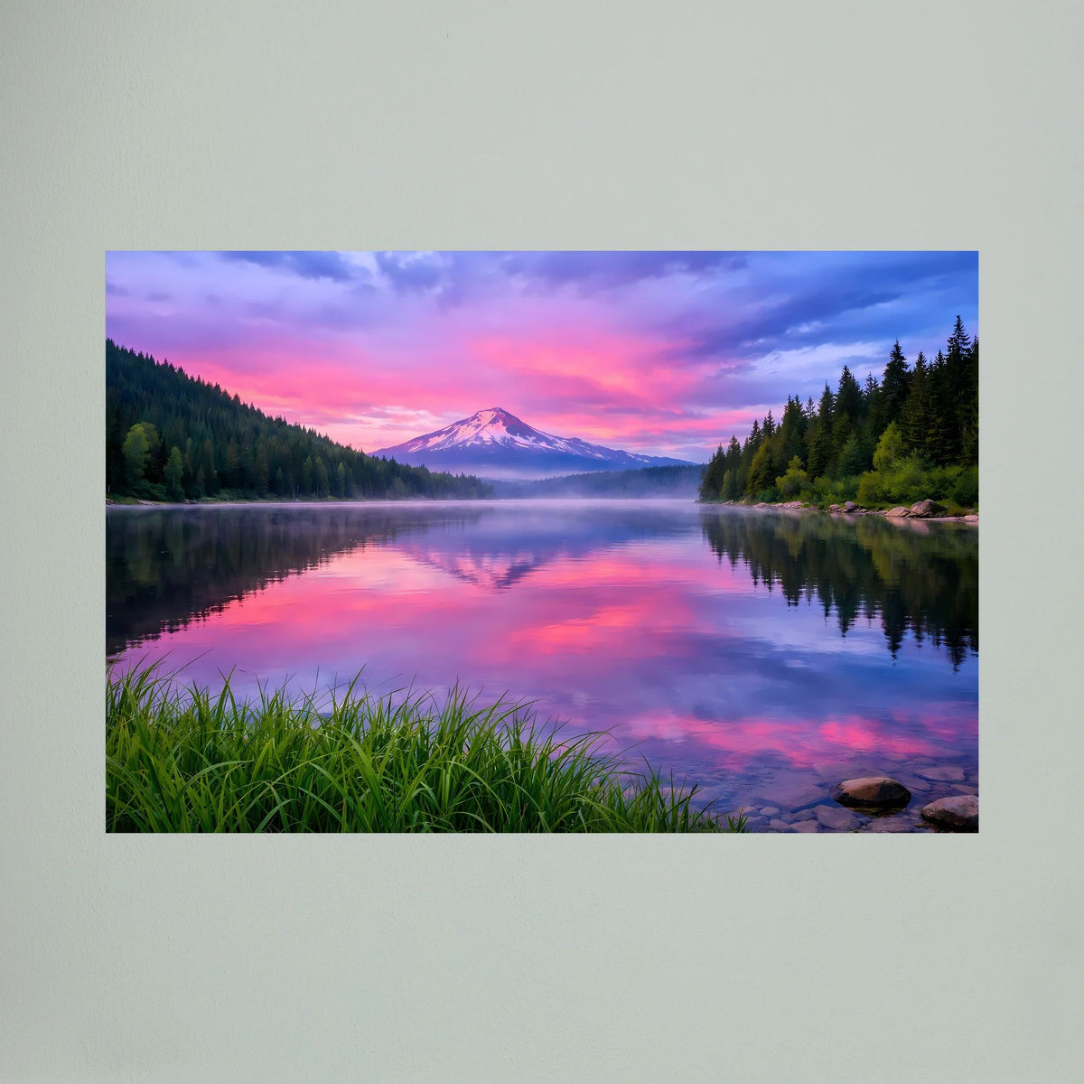 Querformat-Wandbild mit Bergsee und spiegelnder Wasserfläche bei pinkem Abendhimmel